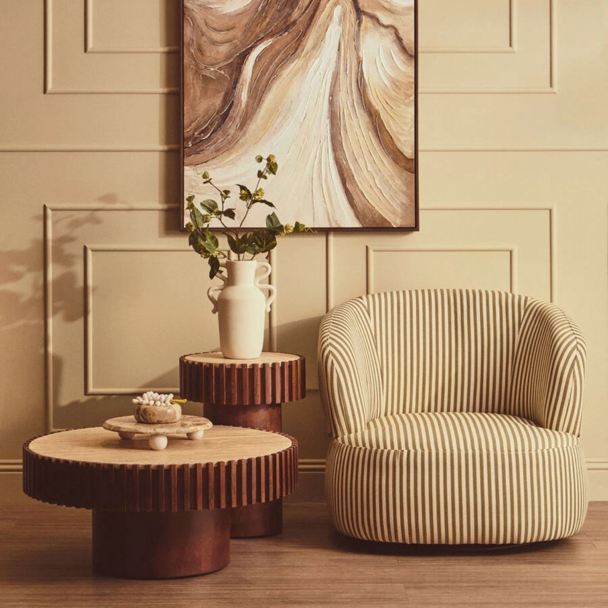 Beaumonde Home Babel Round Travertine and Mango Wood Coffee Table