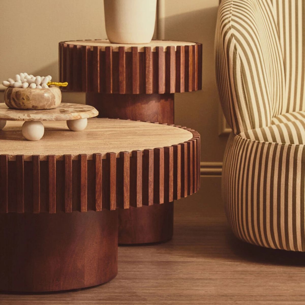 Beaumonde Home Babel Round Travertine and Mango Wood Coffee Table