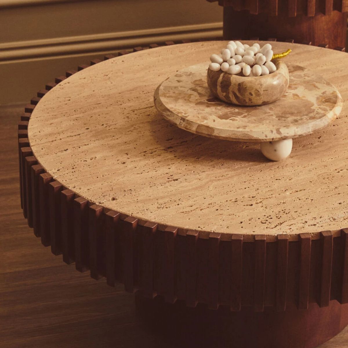 Beaumonde Home Babel Round Travertine and Mango Wood Coffee Table
