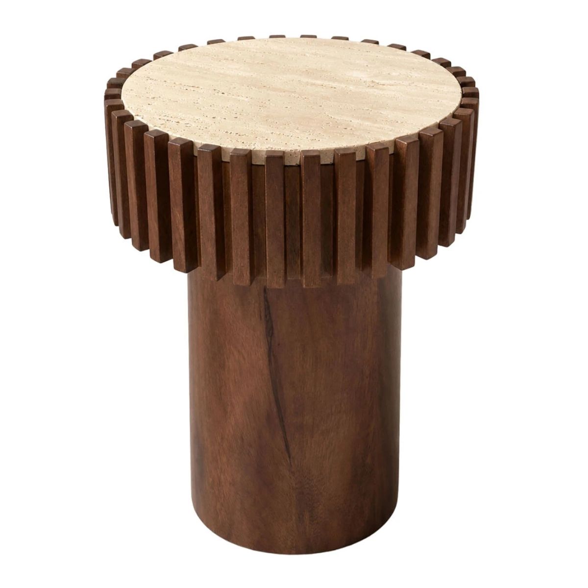 Beaumonde Home Babel Round Travertine and Mango Wood Side Table