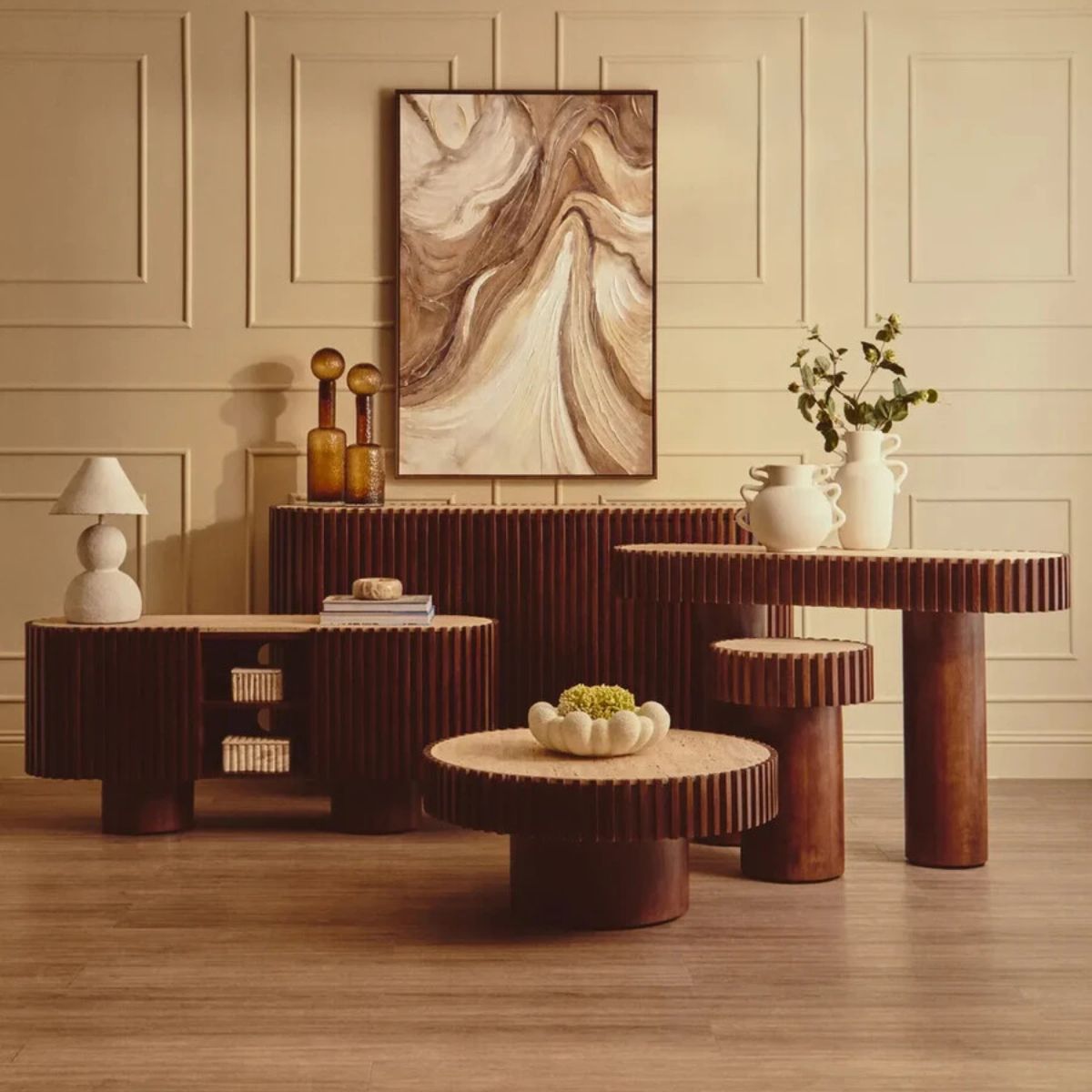 Beaumonde Home Babel Round Travertine and Mango Wood Side Table