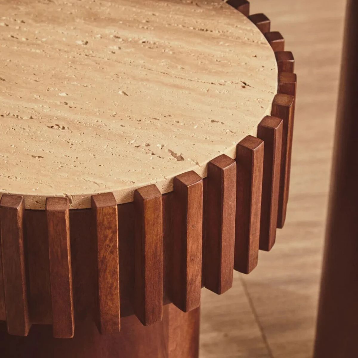 Beaumonde Home Babel Round Travertine and Mango Wood Side Table