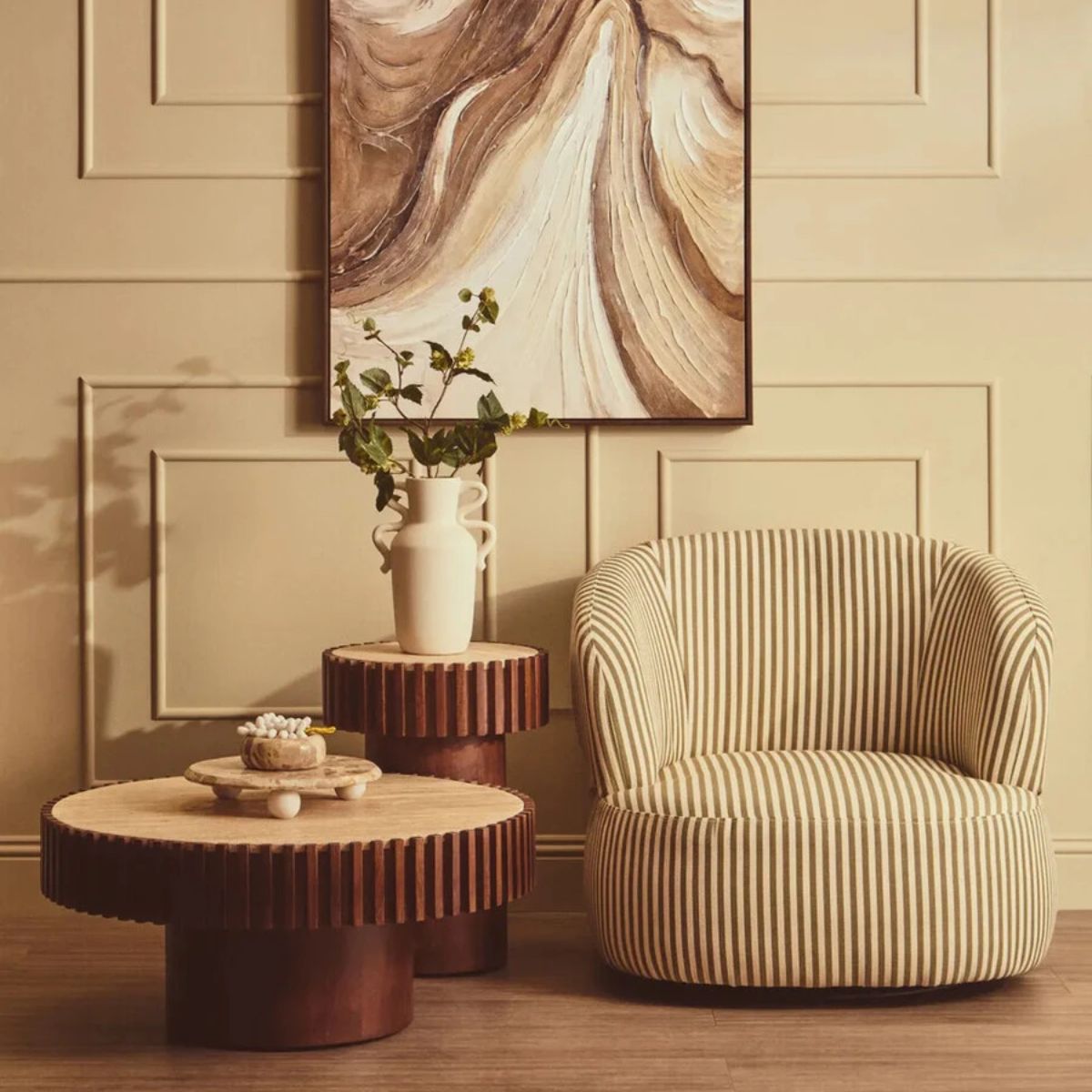 Beaumonde Home Babel Round Travertine and Mango Wood Side Table