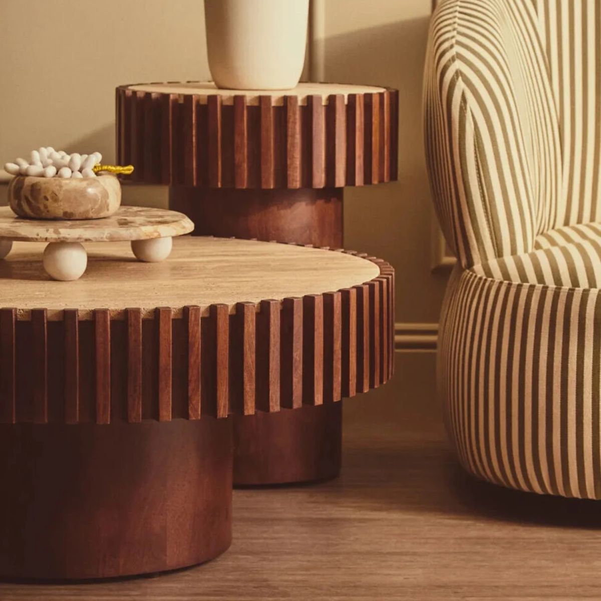 Beaumonde Home Babel Round Travertine and Mango Wood Side Table