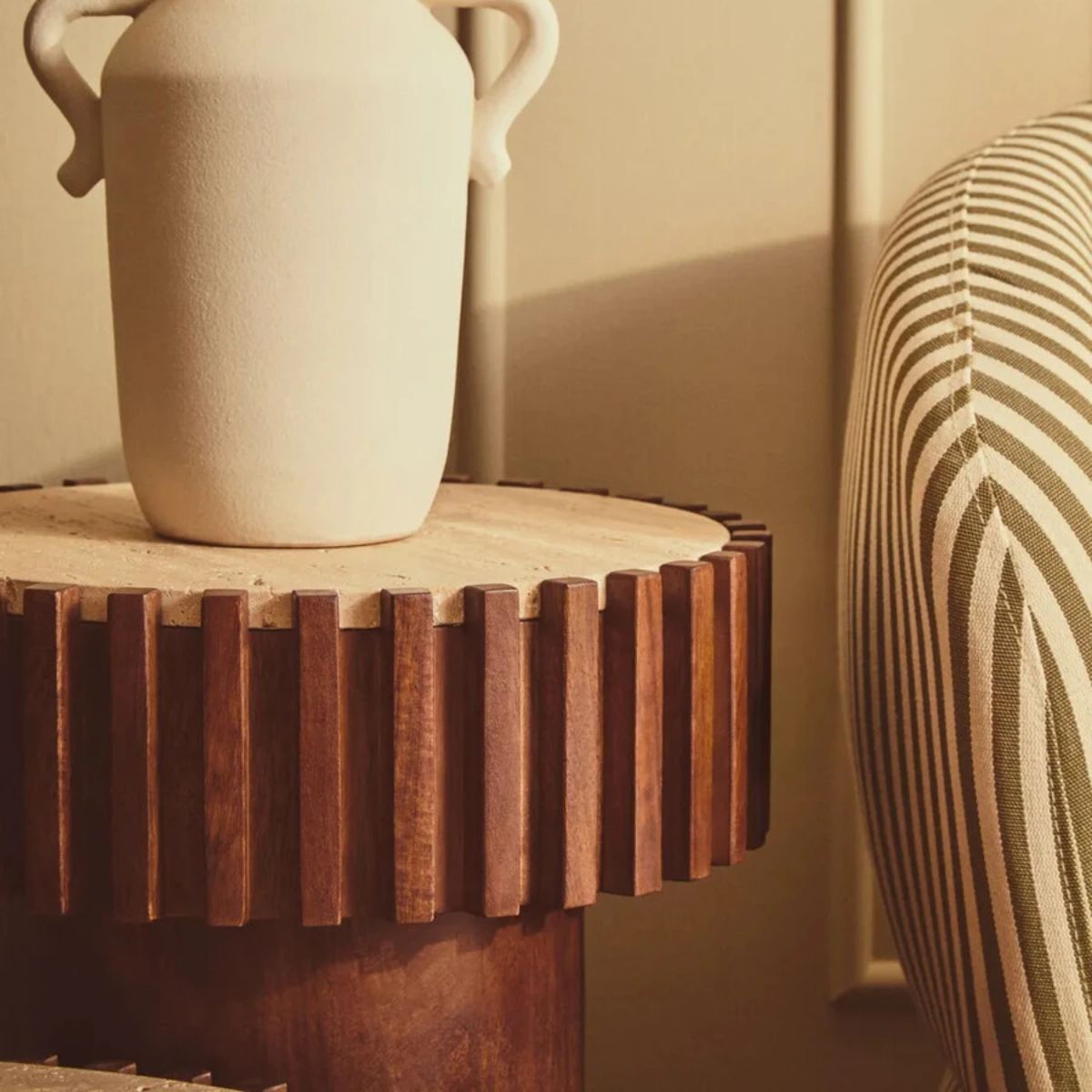 Beaumonde Home Babel Round Travertine and Mango Wood Side Table