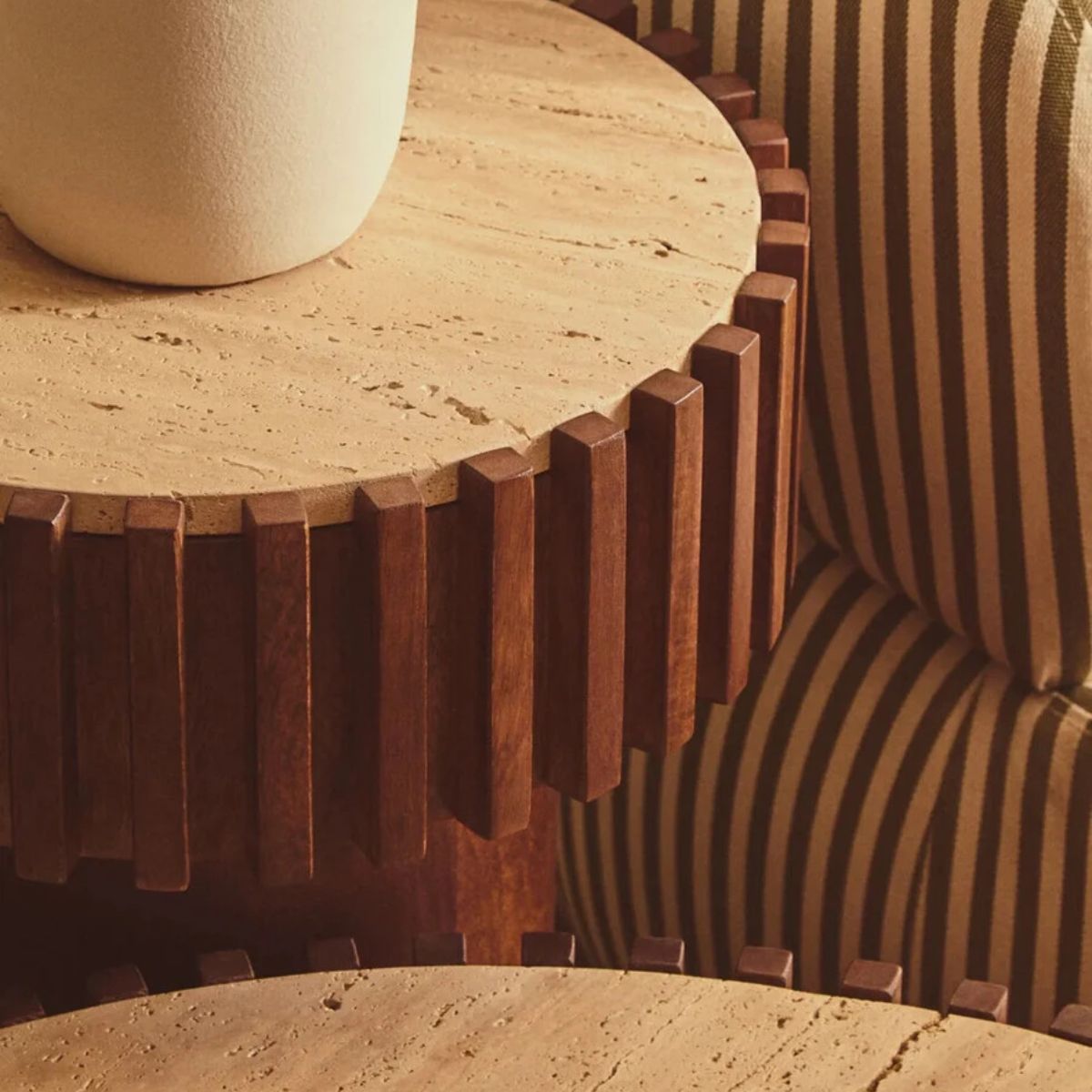 Beaumonde Home Babel Round Travertine and Mango Wood Side Table