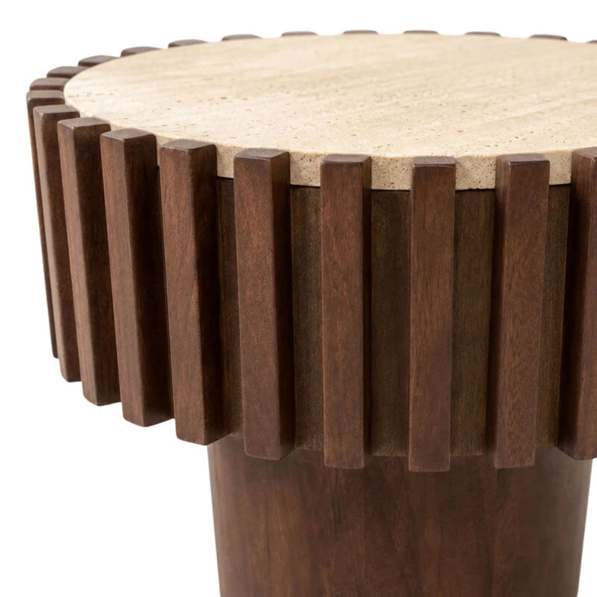 Beaumonde Home Babel Round Travertine and Mango Wood Side Table