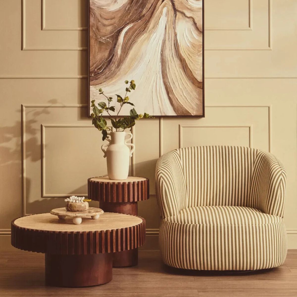 Beaumonde Home Babel Round Travertine and Mango Wood Side Table