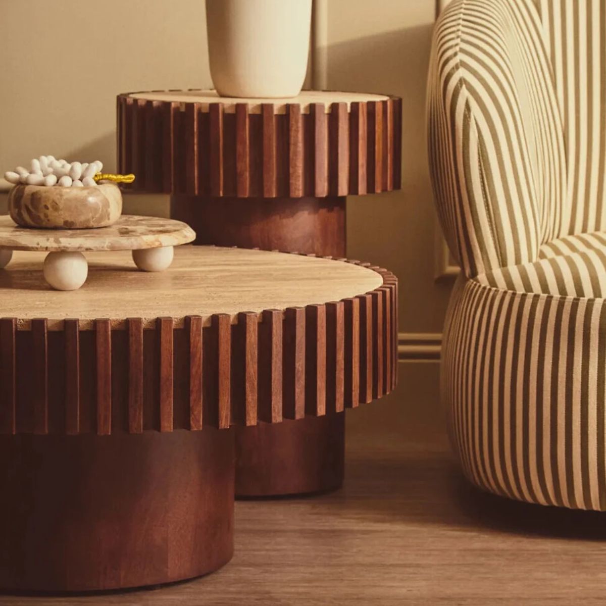 Beaumonde Home Babel Round Travertine and Mango Wood Side Table