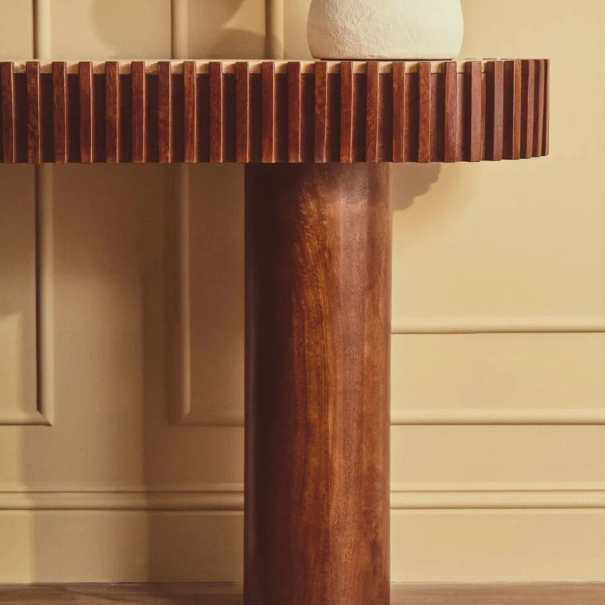 Beaumonde Home Babel Travertine and Mango Wood Curved Console Table