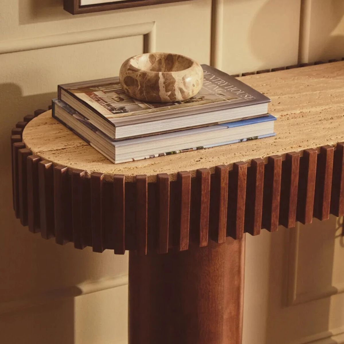 Beaumonde Home Babel Travertine and Mango Wood Curved Console Table