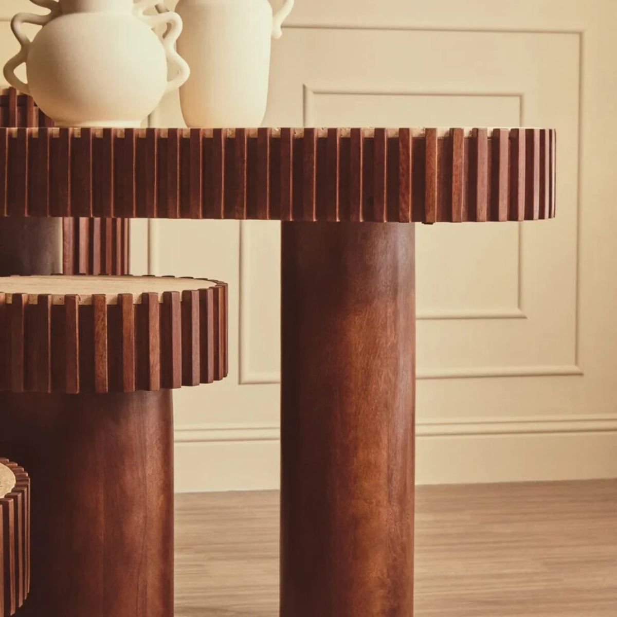 Beaumonde Home Babel Travertine and Mango Wood Curved Console Table