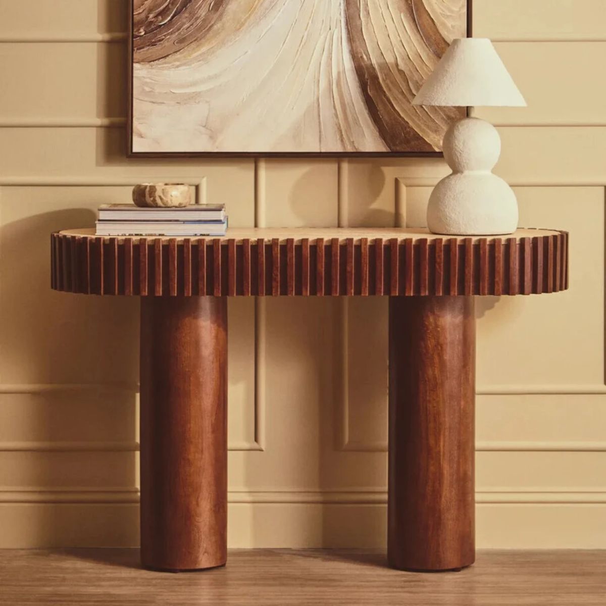 Beaumonde Home Babel Travertine and Mango Wood Curved Console Table
