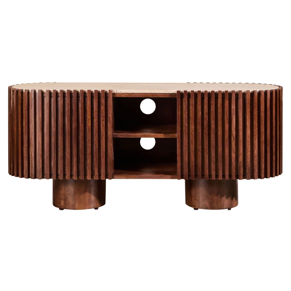 Beaumonde Home Babel Travertine and Mango Wood Curved Media Unit