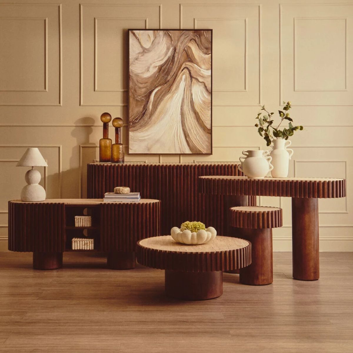 Beaumonde Home Babel Travertine and Mango Wood Curved Media Unit