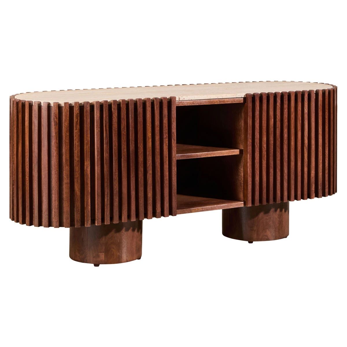 Beaumonde Home Babel Travertine and Mango Wood Curved Media Unit