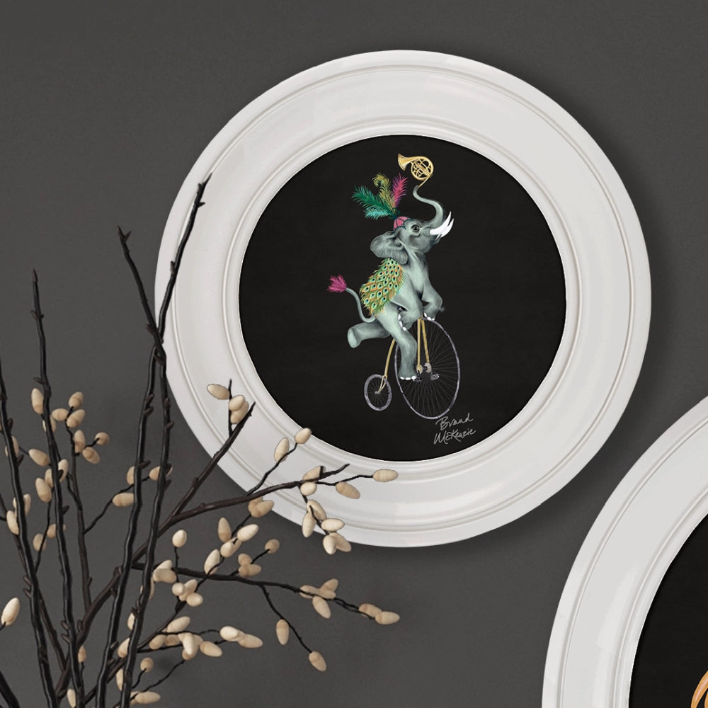 Brand McKenzie Balancing Act Kiki Framed Round Art Print with Charcoal Black Background
