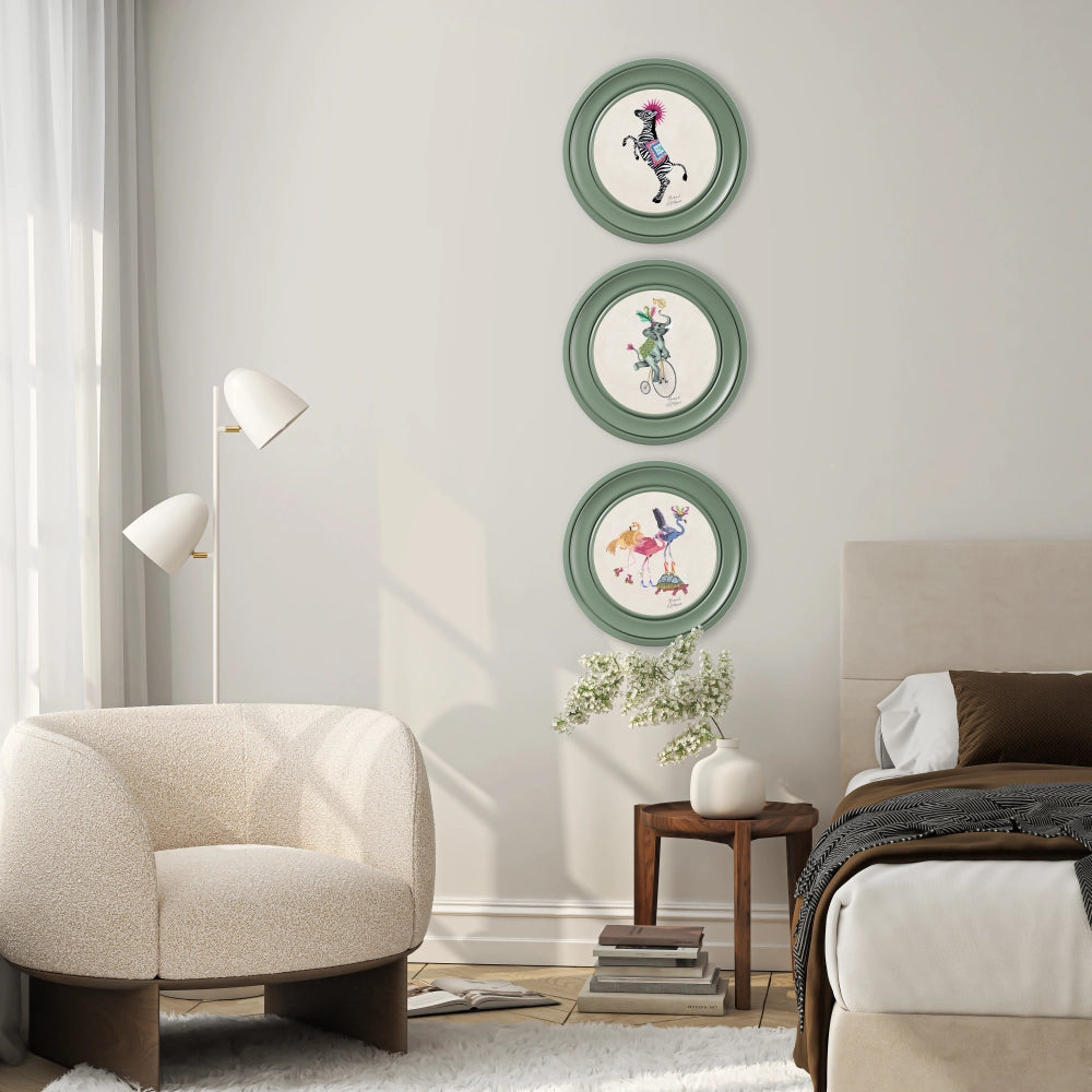 Brand McKenzie Balancing Act Flamboyance Framed Round Art Print with Chalk White Background