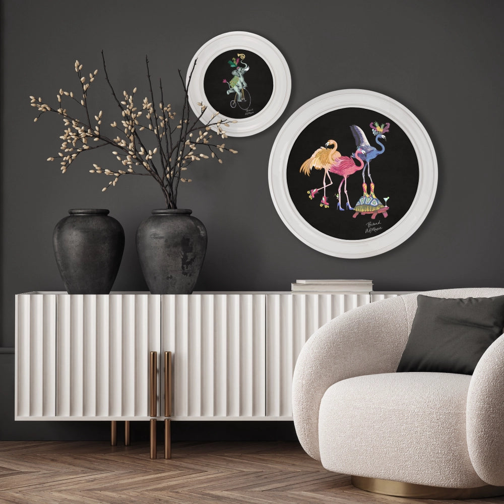 Brand McKenzie Balancing Act Flamboyance Framed Round Art Print with Charcoal Black Background