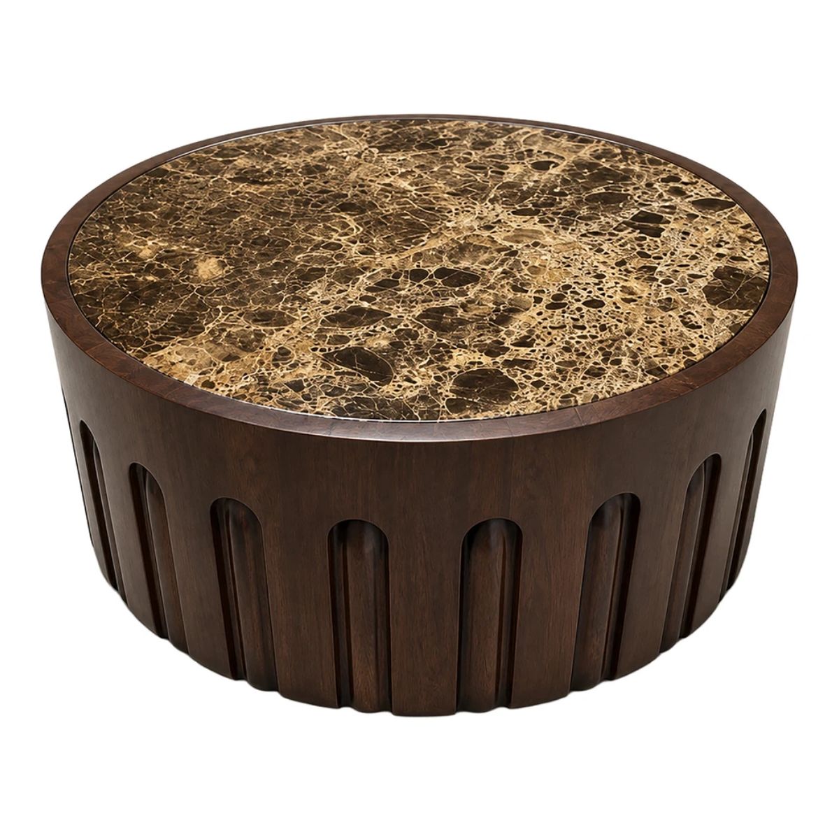 Beaumonde Home Barola Round Brown Marble and Dark Mango Wood Carved Coffee Table