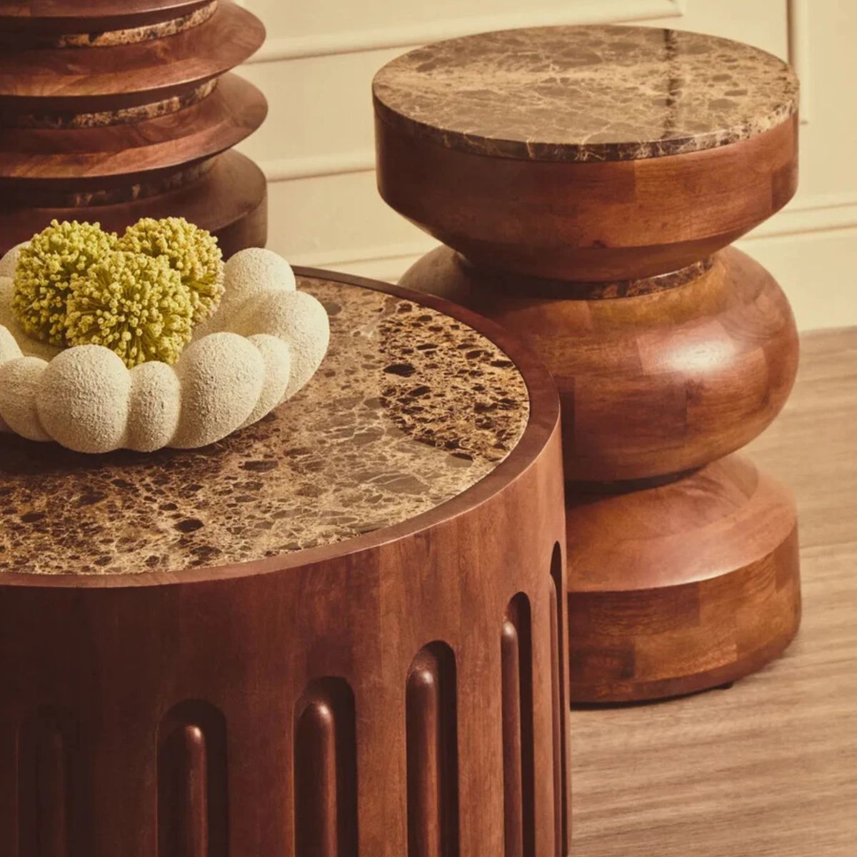 Beaumonde Home Barola Round Brown Marble and Dark Mango Wood Carved Coffee Table
