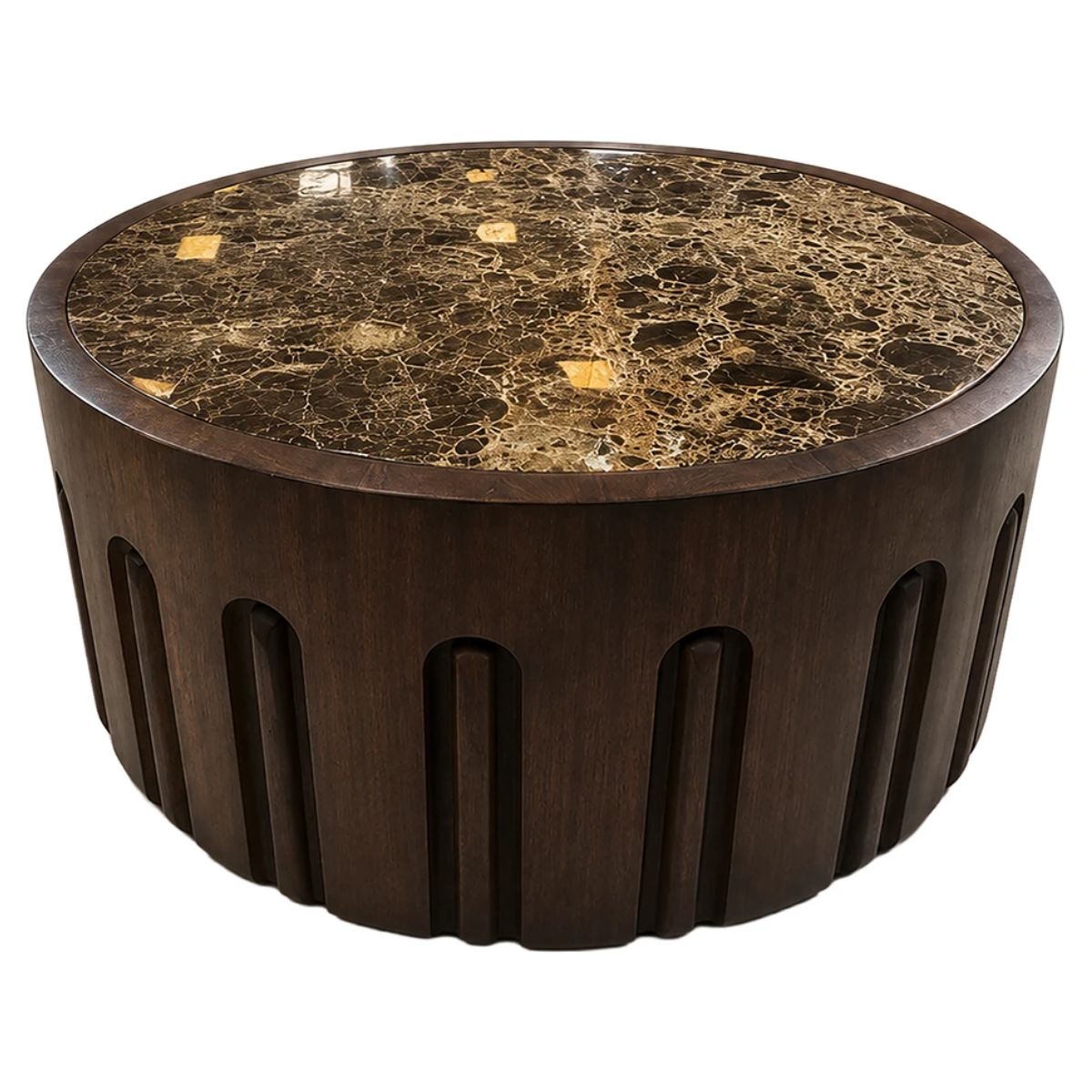 Beaumonde Home Barola Round Brown Marble and Dark Mango Wood Carved Coffee Table