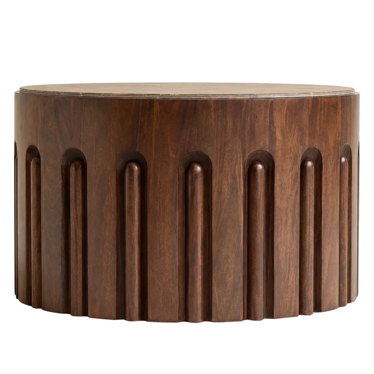 Beaumonde Home Barola Round Brown Marble and Dark Mango Wood Carved Coffee Table