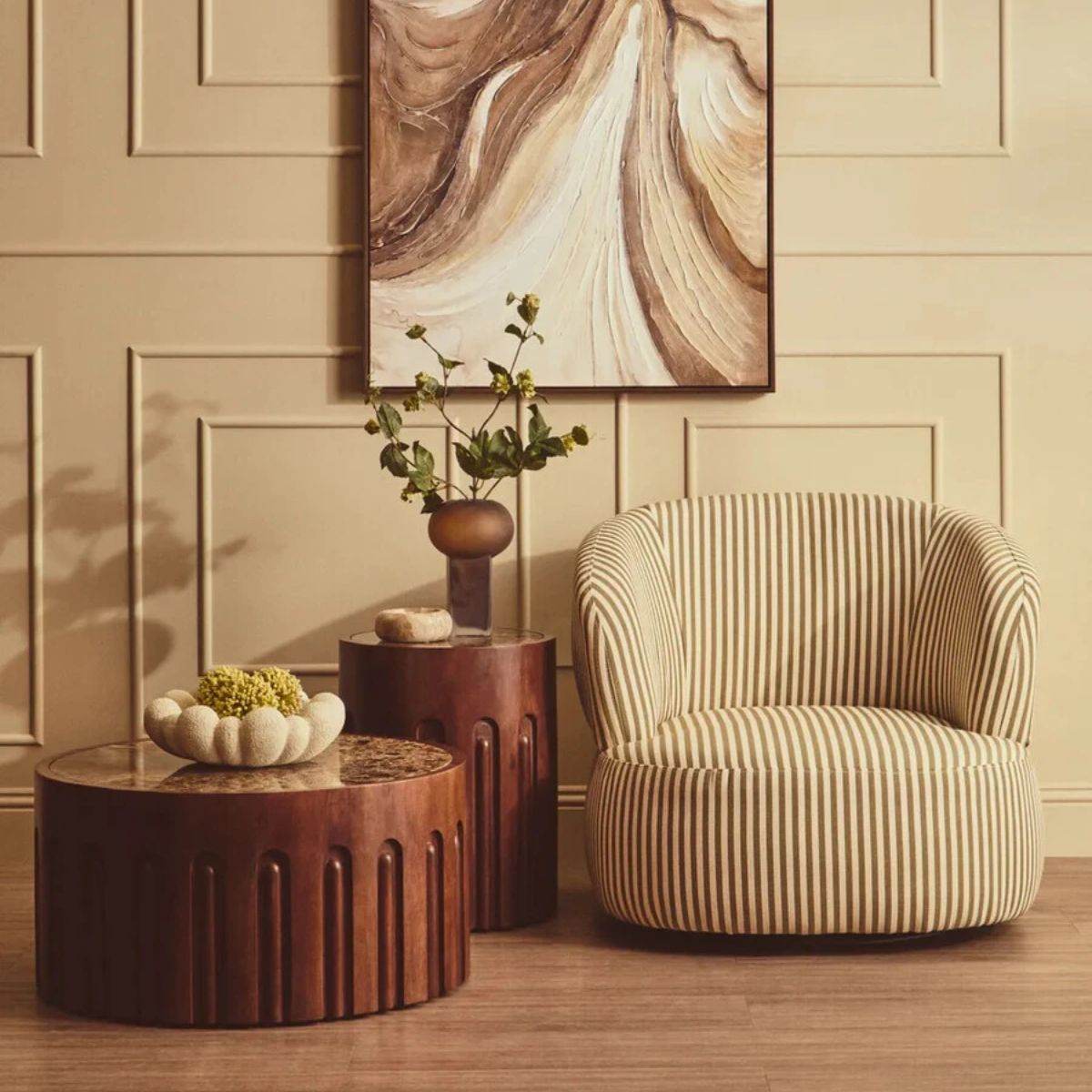 Beaumonde Home Barola Round Brown Marble and Dark Mango Wood Carved Coffee Table