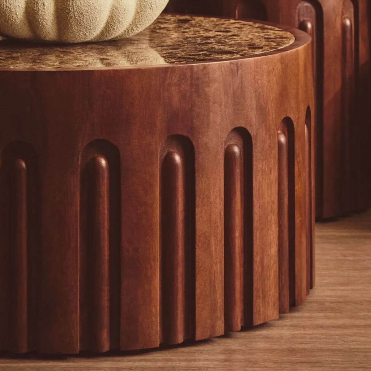 Beaumonde Home Barola Round Brown Marble and Dark Mango Wood Carved Coffee Table