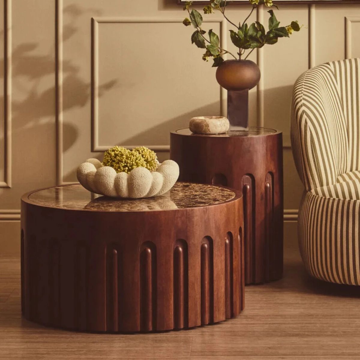 Beaumonde Home Barola Round Brown Marble and Dark Mango Wood Carved Coffee Table