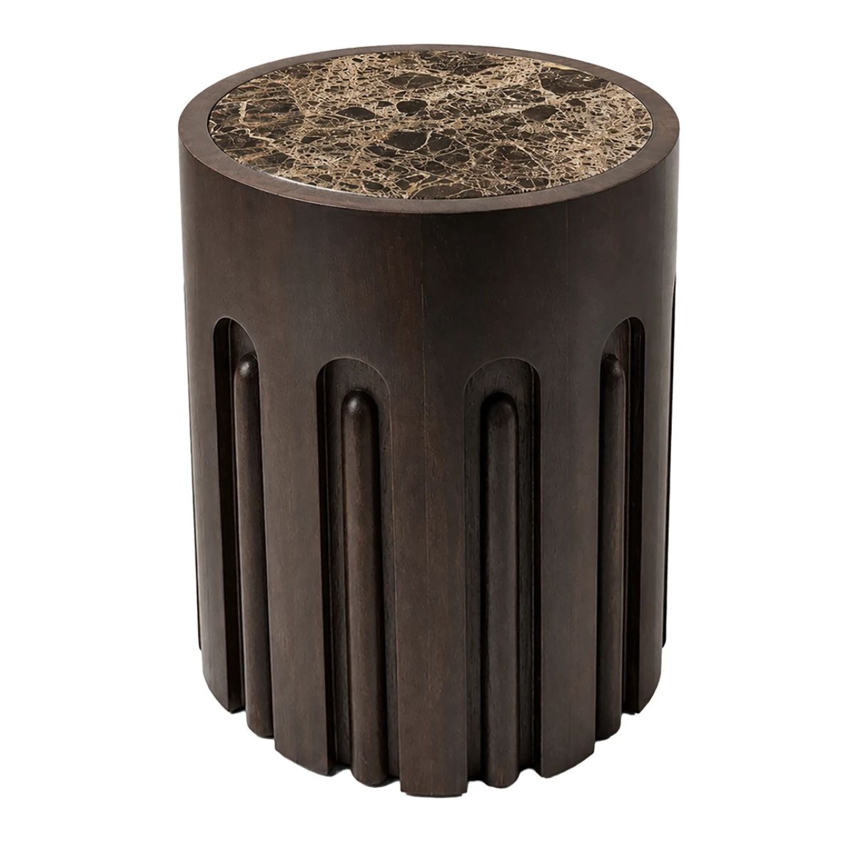 Beaumonde Home Barola Round Brown Marble and Dark Mango Wood Carved Side Table