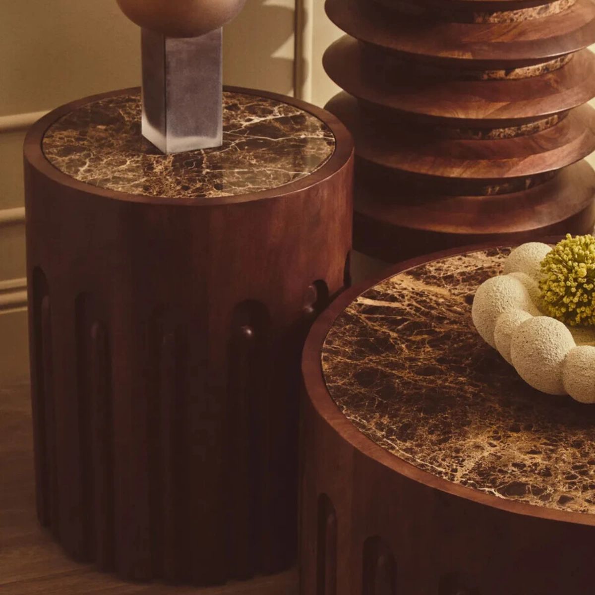 Beaumonde Home Barola Round Brown Marble and Dark Mango Wood Carved Side Table