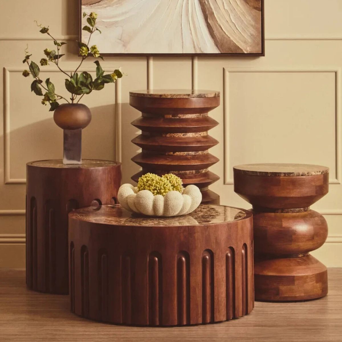 Beaumonde Home Barola Round Brown Marble and Dark Mango Wood Carved Side Table