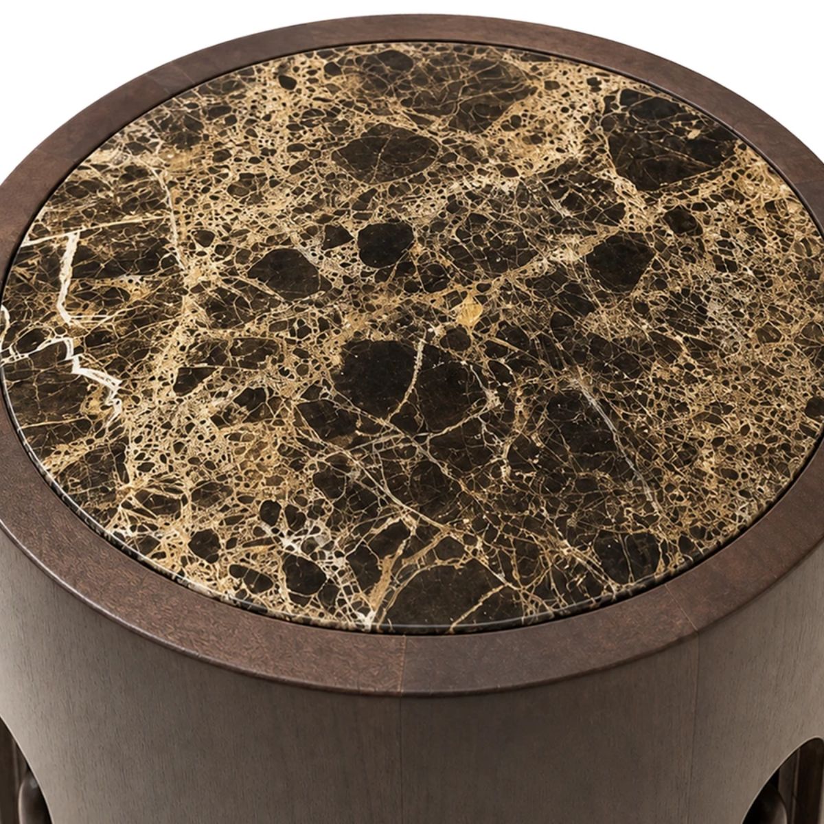 Beaumonde Home Barola Round Brown Marble and Dark Mango Wood Carved Side Table