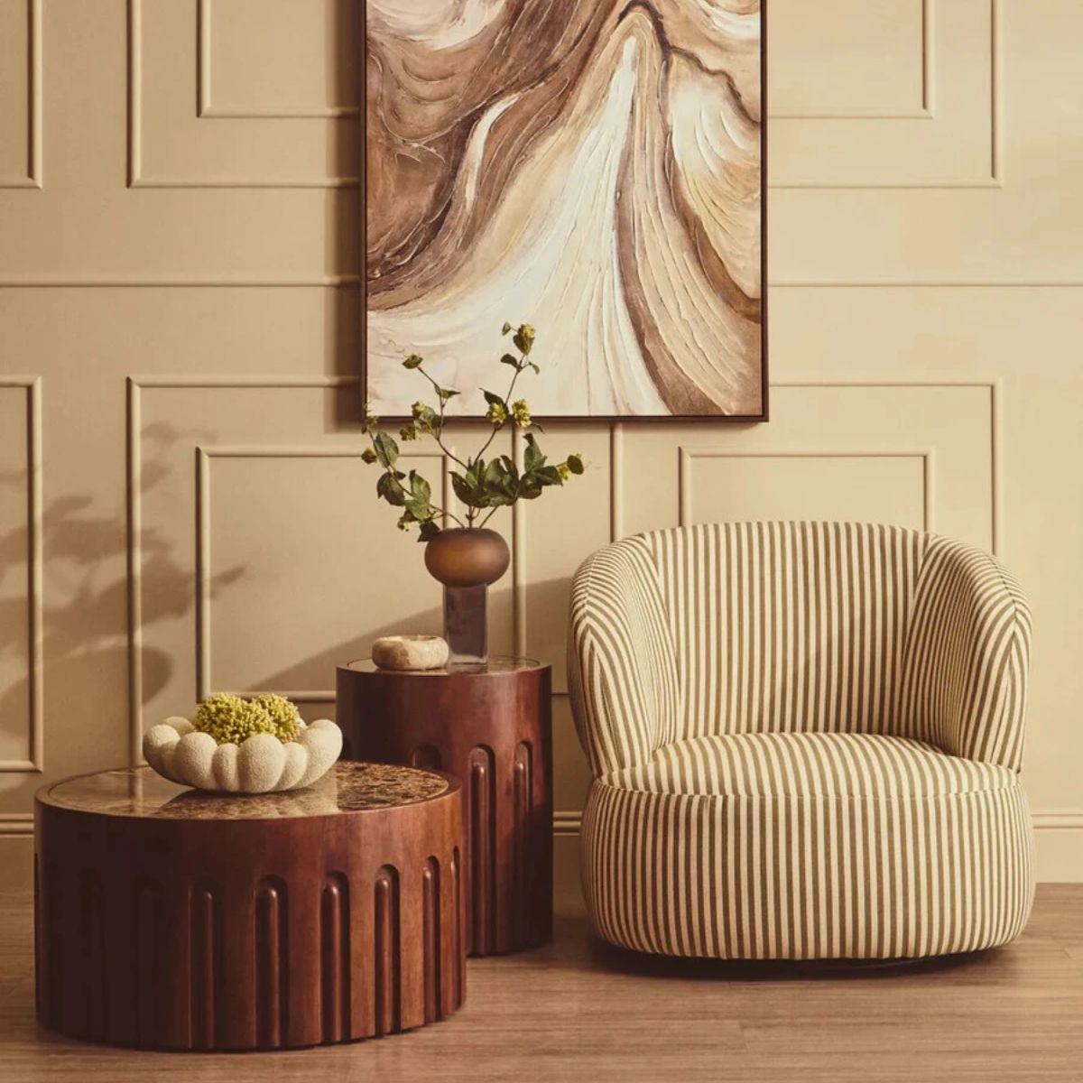 Beaumonde Home Barola Round Brown Marble and Dark Mango Wood Carved Side Table