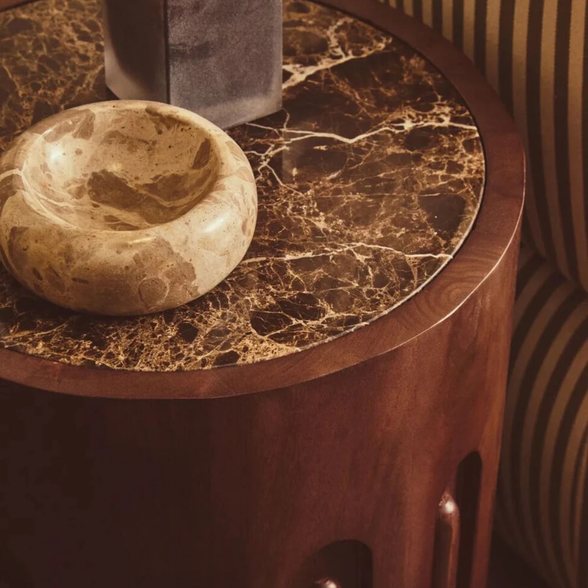 Beaumonde Home Barola Round Brown Marble and Dark Mango Wood Carved Side Table