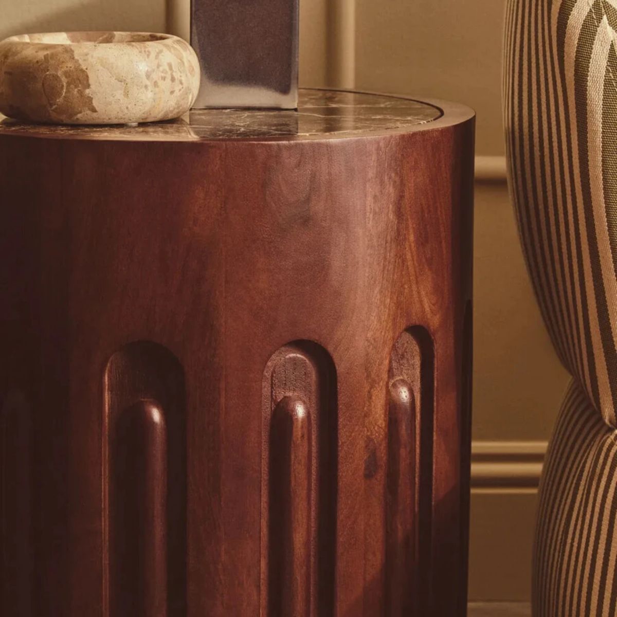 Beaumonde Home Barola Round Brown Marble and Dark Mango Wood Carved Side Table