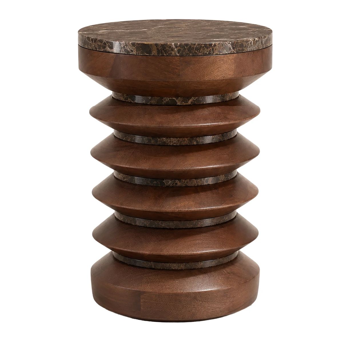 Beaumonde Home Barola Round Brown Marble and Mango Wood Carved Side Table