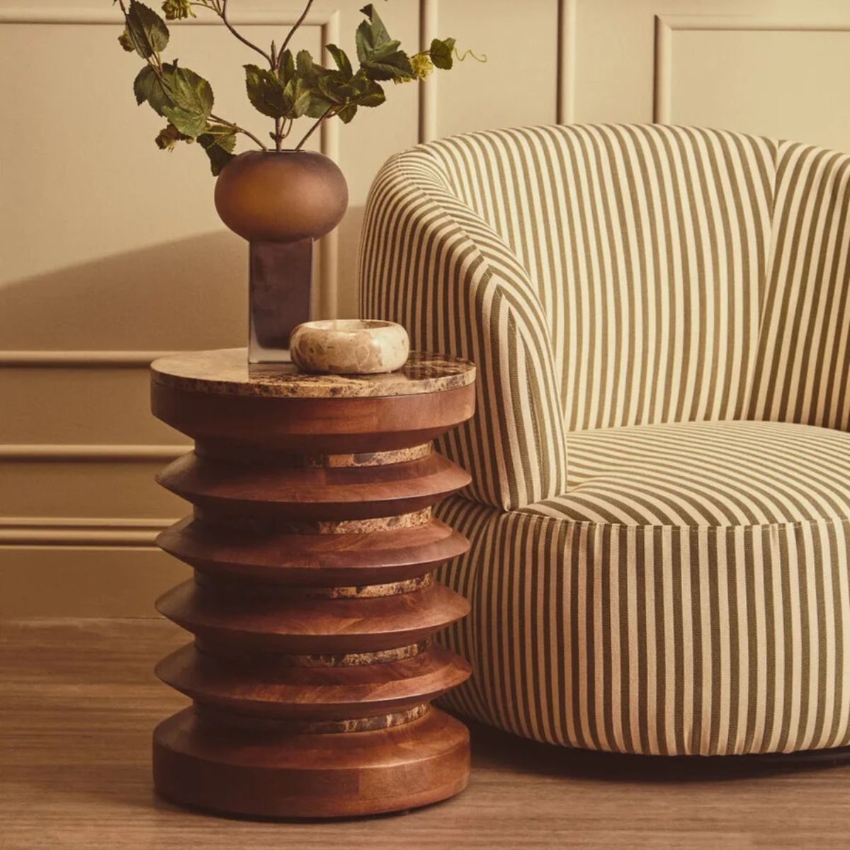 Beaumonde Home Barola Round Brown Marble and Mango Wood Carved Side Table