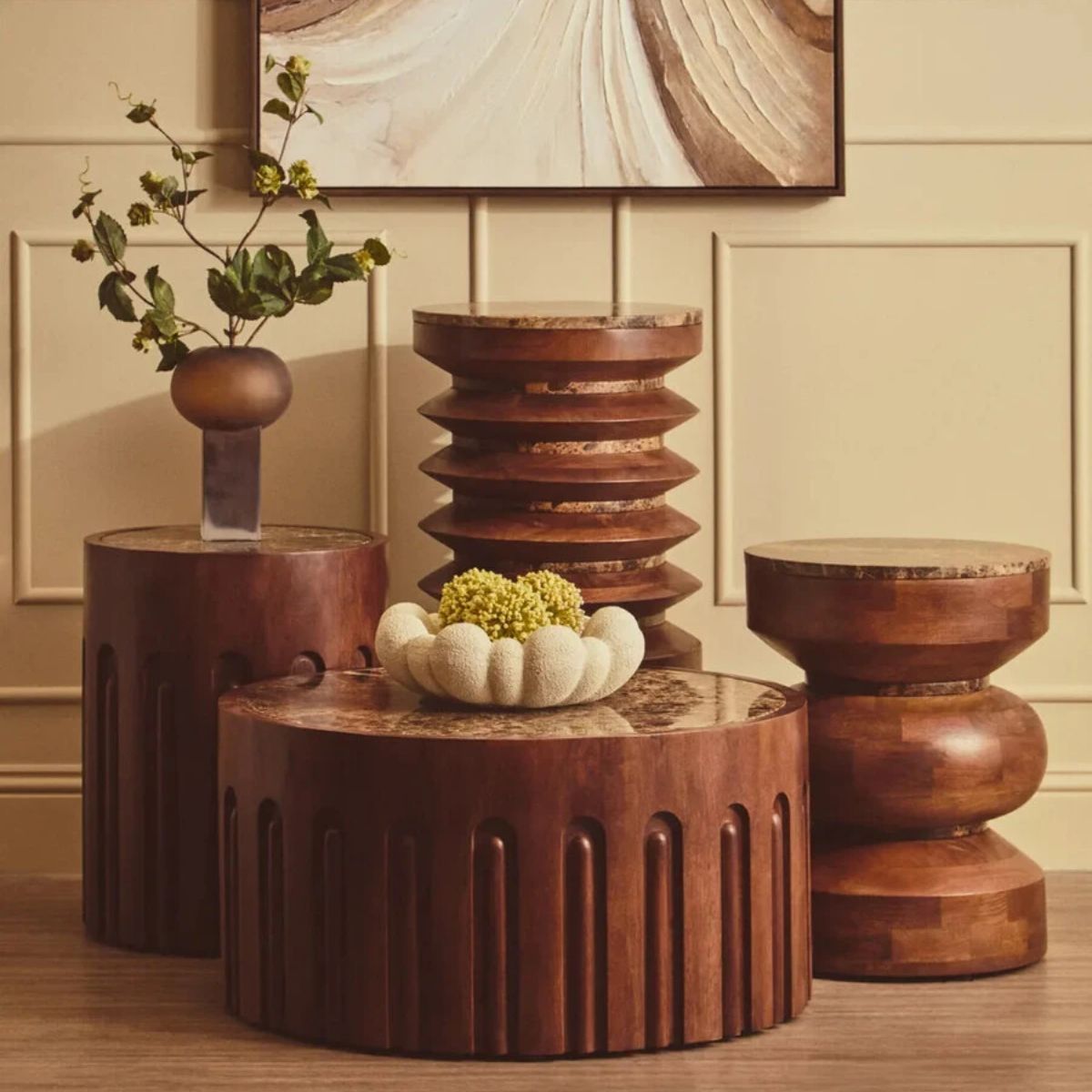 Beaumonde Home Barola Round Brown Marble and Mango Wood Carved Side Table