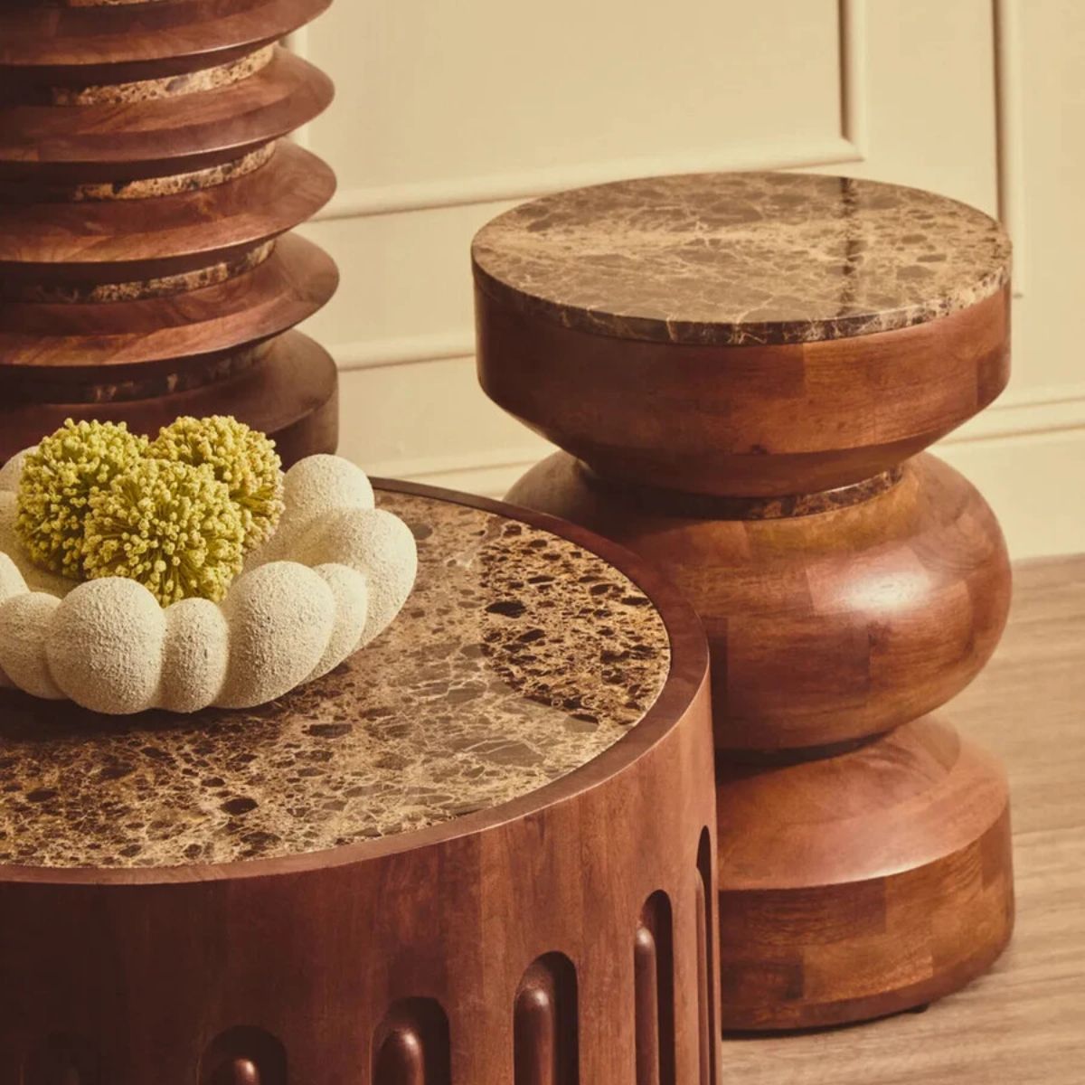 Beaumonde Home Barola Round Brown Marble and Mango Wood Carved Side Table