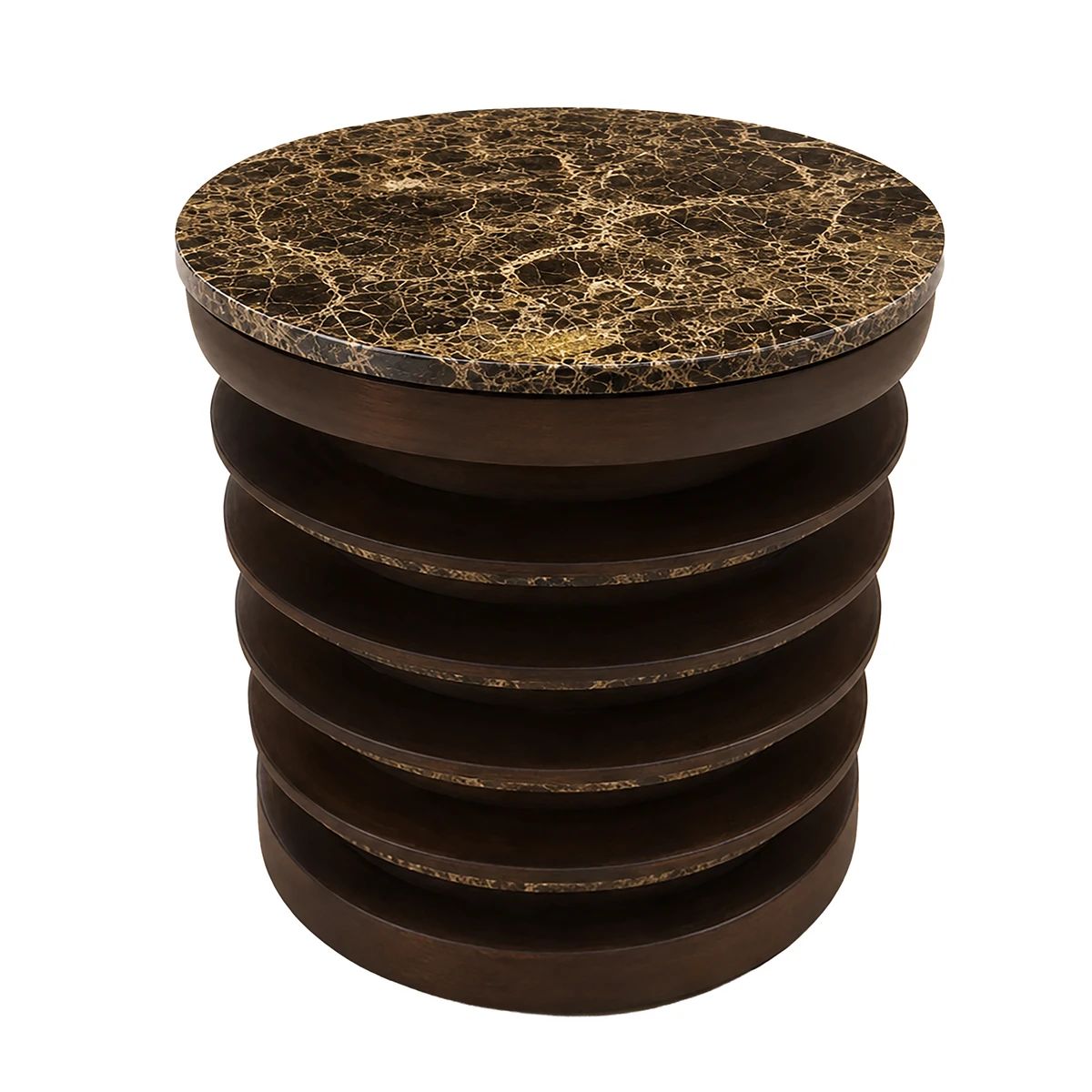 Beaumonde Home Barola Round Brown Marble and Mango Wood Carved Side Table