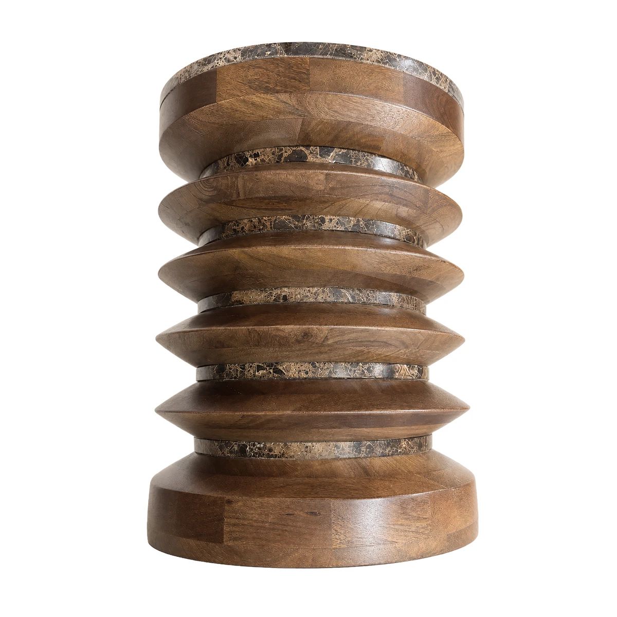 Beaumonde Home Barola Round Brown Marble and Mango Wood Carved Side Table