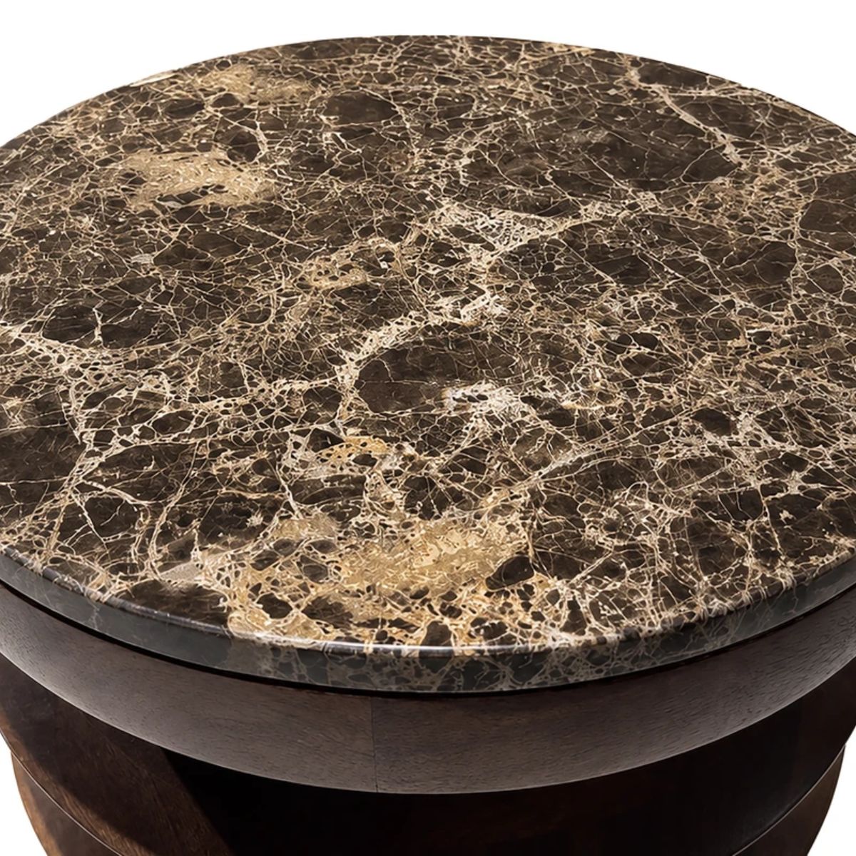 Beaumonde Home Barola Round Brown Marble and Mango Wood Carved Side Table