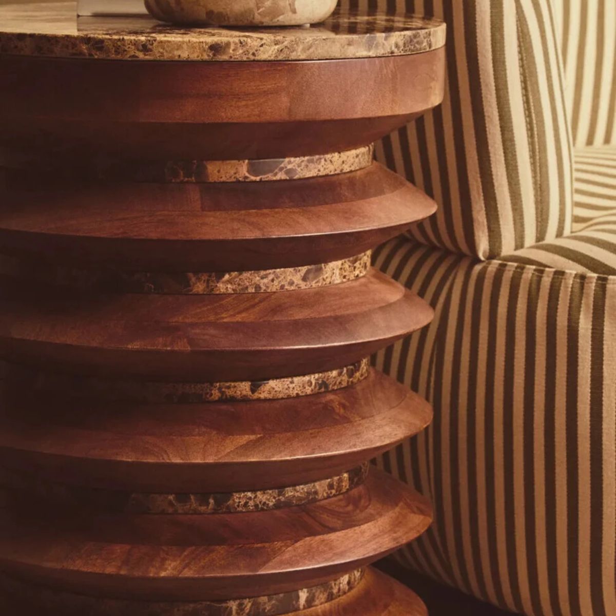 Beaumonde Home Barola Round Brown Marble and Mango Wood Carved Side Table