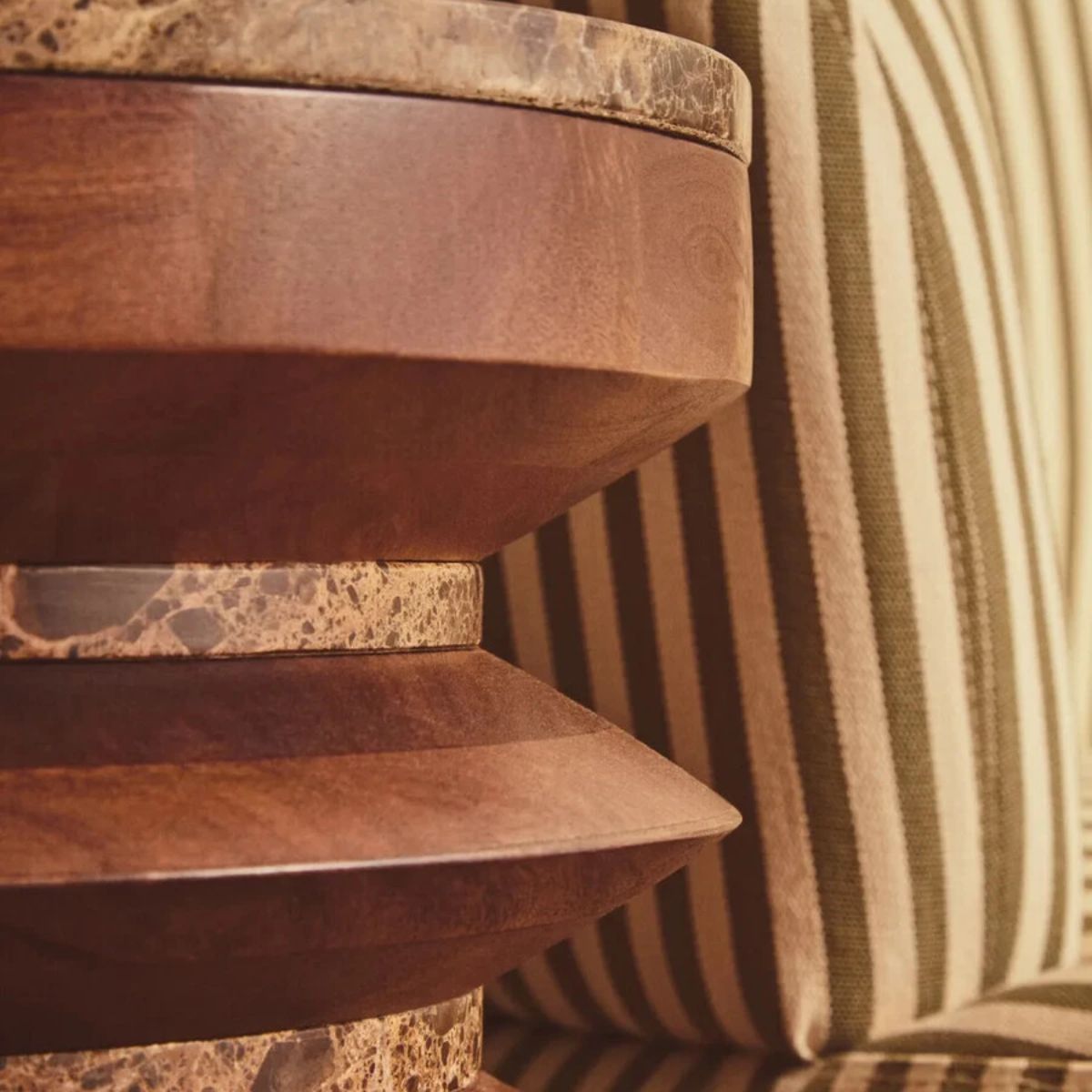 Beaumonde Home Barola Round Brown Marble and Mango Wood Carved Side Table
