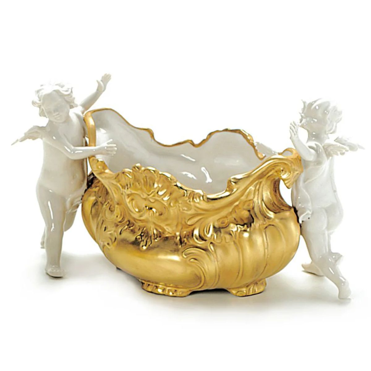 Villari Baroque Bowl With 2 Cherubs - White & Gold