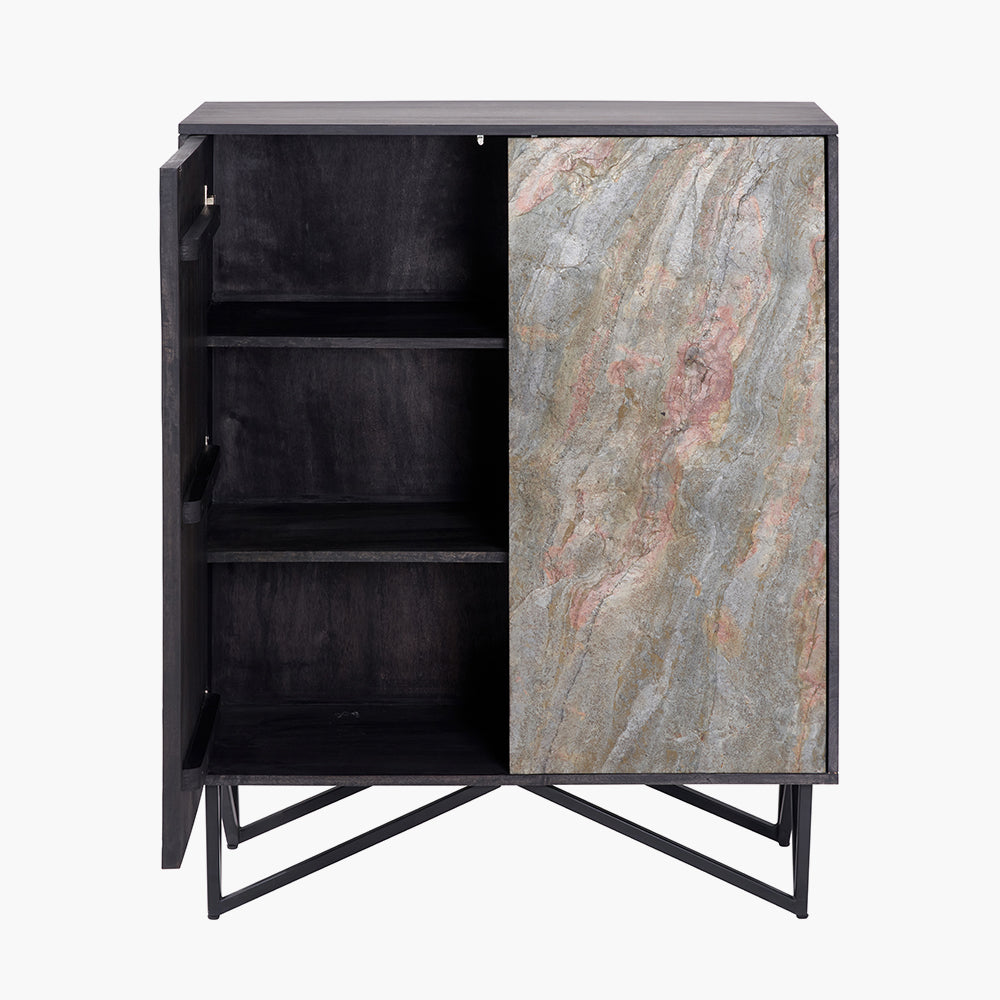 Beau&Co Alrik Black Mango Wood and Stone Veneer 2 Door Bar Cabinet