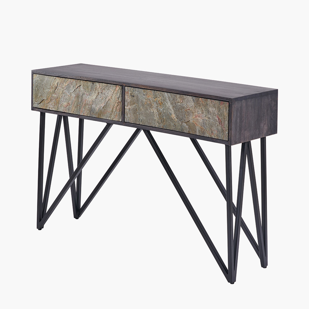 Beau&Co Alrik Black Mango Wood and Stone Veneer 2 Drawer Console Table