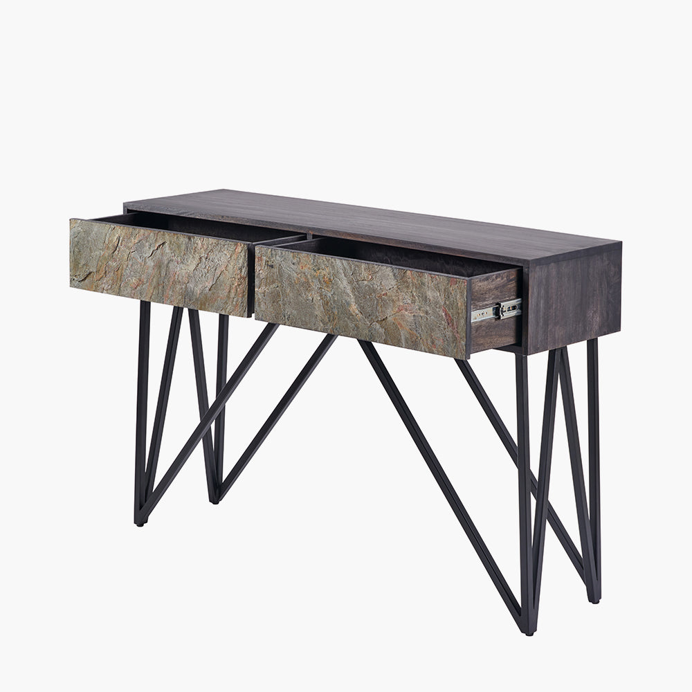 Beau&Co Alrik Black Mango Wood and Stone Veneer 2 Drawer Console Table